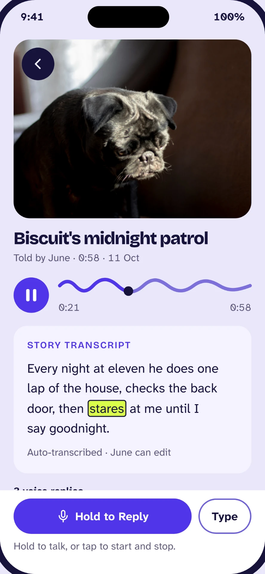 A story open in Ruckus: a photo of a pug, the story's title, a play button with the story track, and the transcript.